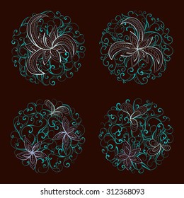 Set of vector round patterns with floral elements for your design. Collection of elements in  blue and brown colors.