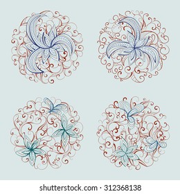Set of vector round patterns with floral elements for your design. Collection of elements in light blue and brown colors.
