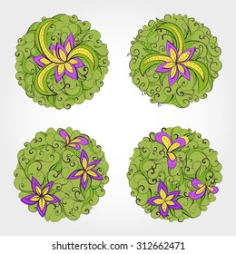 Set of vector round patterns with floral elements for your design. Collection of elements in green, violet and yellow colors.
