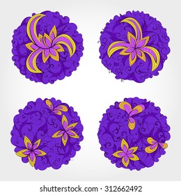 Set of vector round patterns with floral elements for your design. Collection of elements in violet, purple and yellow colors.
