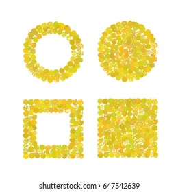 a  set of vector round and square textures; a trendy golden backgrounds; hand painted by ink; consists of different hand drawn balls; grunge, scribble, doodle, brush painted style; messy polka dot;