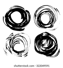 Set of vector round texture thick strokes black paint isolated on white background
