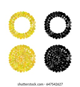 a  set of vector round textures; a trendy golden and black backgrounds; hand painted by ink; consists of different hand drawn balls; grunge, scribble, doodle, brush painted style; messy polka dot;