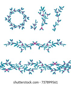 Set of vector rounded frames and decorative branches with  cranberry  on white background