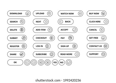 Set of vector rounded linear buttons with icons for website, online store and web application.