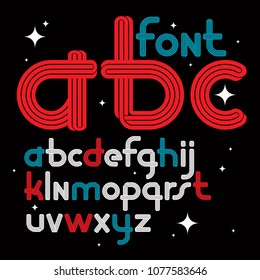 Set of vector rounded lower case funky English alphabet letters with parallel lines, can be used as logo design element for event companies.