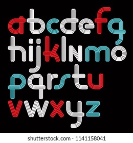 Set of vector rounded lower case funky alphabet letters isolated with parallel lines, can be used for logo creation in entertainment business.