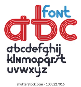 Set of vector rounded lower case funky alphabet letters isolated with parallel lines, can be used for logo creation in entertainment business.