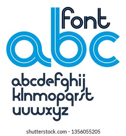 Set of vector rounded lower case English alphabet letters with white stripes, best for use in corporate logotype design.
