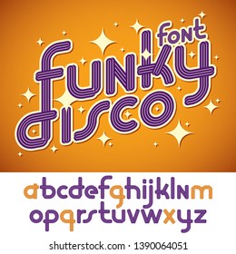 Set of vector rounded lower case funky English alphabet letters with parallel lines, can be used as logo design element for event companies.