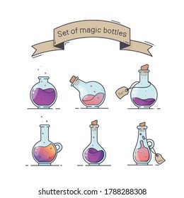 Set of vector rounded magic bottle. Bottle, flask, corked glass bottles. Isolated on a white background.