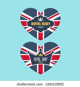 Set of vector royal icon heart textured under british flag. On the illustration are the royal crown and the text: Royal Baby