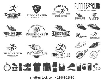 Set of vector running logo, labels and icons for sport organizations, tournaments and marathons.