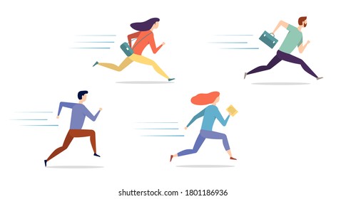 Set of vector running people in cartoon style. Flat characters run fast, competition between male and female