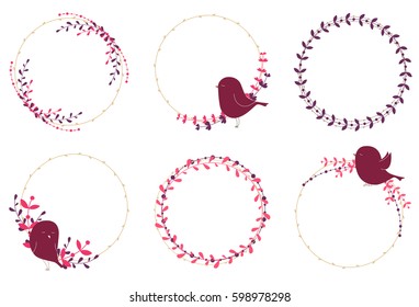 Set of vector rustic wreathes with birds, branches, leaves and berries.