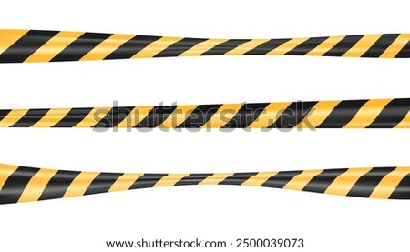 Set of vector safety tape or crime stripe. Isolated warning barrier or danger line. Construction ribbon or hazard area or zone strip. Yellow and black boundary cordon or security perimeter. Attention