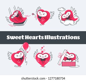 Set of vector Saint Valentine love illustrations, cute heart characters with wings' collection.  