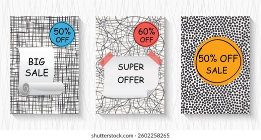 Set of vector Sale banner template design. Big sale special offer.  Doodle texture. Vector illustration.