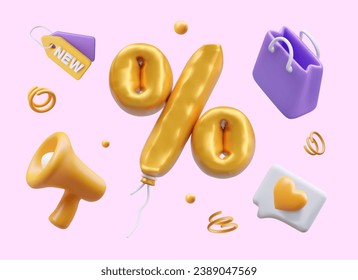 Conjunto de elementos de venta vectorial. megáfono 3D, bolso de compra, etiqueta, como ícono, descuento en globo dorado festivo, elementos decorativos. Imágenes personalizadas en estilo de dibujos animados para diseño web