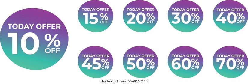 Set of vector sale icon templates with discount percentage symbols, flat stock icons and gradient round sale sticker going from purple to green with white text. EPS 10 vector illustration.