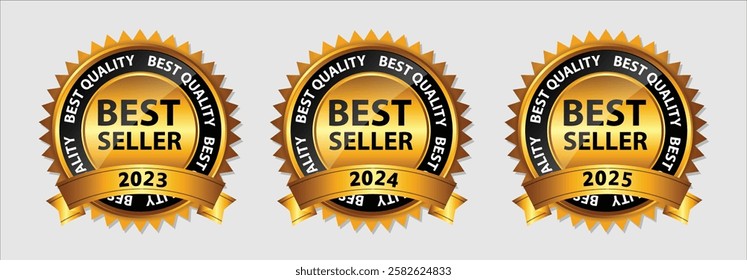 set of vector sale labels . Best seller badge collection Set Label. 2023, 2024, 2025,  yearly. Isolated Vector Illustration EPS10 . Best seller icon vector design 2023, 2024, 2025
