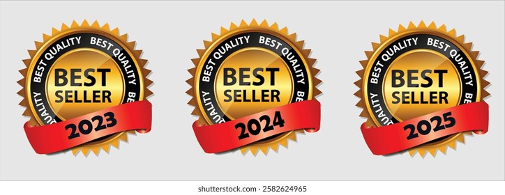 set of vector sale labels . Best seller badge collection Set Label. 2023, 2024, 2025,  yearly. Isolated Vector Illustration EPS10 . Best seller icon vector design 2023, 2024, 2025
