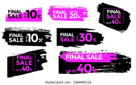 Set of vector sale signs. Pink and black colors with brush texture