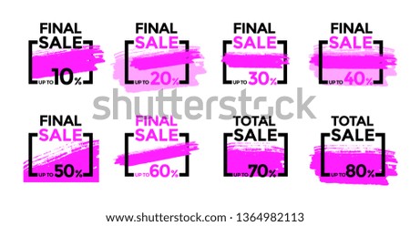 Set of vector sale signs. Pink and black colors with brush texture