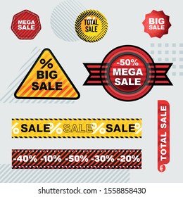 Set of vector sale stickers of different shapes and colors. Striped Ribbon Discounts.