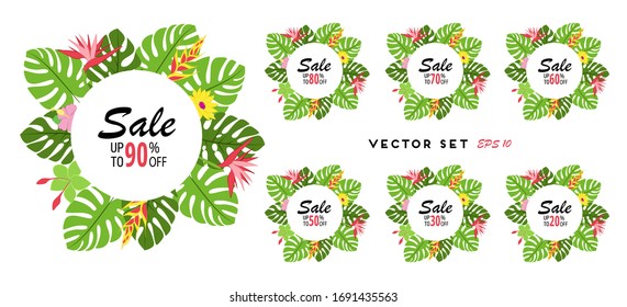 Set of vector sale tags, badges templates, 90, 80, 70, 50, 30 percents off, discount promotion, summer sale, special offer