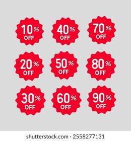 A set of vector sale tags featuring discount percentages from 10% to 90%, with bold, eye-catching designs. Perfect for showcasing special offers, promotions, and price reductions.