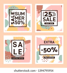 Set of Vector sale template on hand-drawn background with brush strokes. Colorful abstract pattern. Modern promotion square web banner for mobile applications in social networks and online stores.