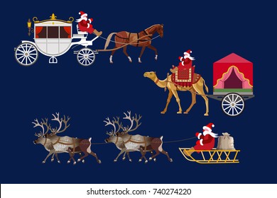 Set of vector Santa Claus with draft animals. Vector illustration