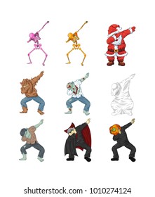 Set vector Santa Claus, Father Frost Christmas, pumpkin, vampire, monster dead zombie, ghost, werewolf, skeleton character dancing dab step hip hop pose meme for Happy New Year or Halloween