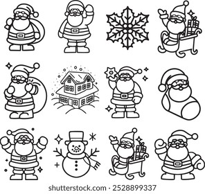 Set vector Santa Claus icon Christmas character drawing line art New Year symbol clipart for desin Holiday celebration concept contour decoration graphic gift bag outline children simple coloring page