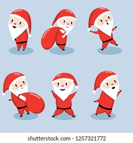 Set of vector Santa Claus illustrations with shadows and highlights. Santa Claus in different poses. Vector Santa Claus with bag.