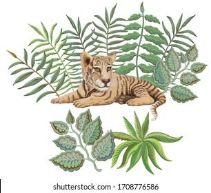 Set of vector savannah safari animal and plants. Little tiger cub, branches, grass, herbs, bush and palm tree leaves on a white background
