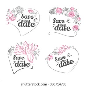 Set of vector Save The Date, Wedding Invitation. Handdrawn flowers template 