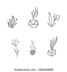 Set of vector scandinavian floral Logo. Hand drawn icon flower organic cosmetic, florist wedding, home decor.