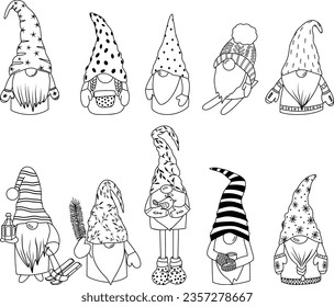 Set of vector scandinavian forest gnomes, Christmas winter gnomes clipart, isolated vector illustration