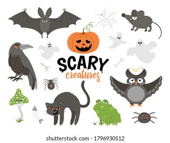 Set of vector scary creatures. Halloween characters icons collection. Cute autumn all saints eve illustration with bat, pumpkin, black cat, owl, toad, ghost. Samhain party sign design. 
