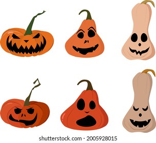 A set of vector scary pumpkins with faces for the Halloween holiday