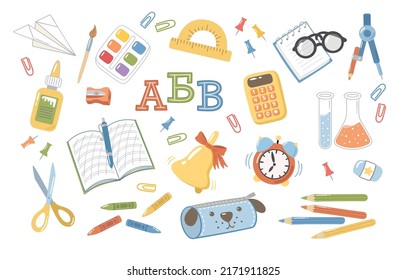 Set Of Vector School Clipart. Hand-drawn Cartoon Illustrations On A White Background. Pretty Stationery Collection. Lots Of Different Items Such As Textbooks, Pencils, Paperclips Etc