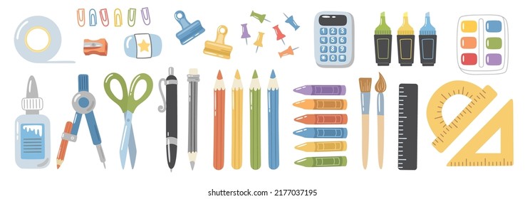 Set Of Vector School Clipart. Hand-drawn Cartoon Illustrations On A White Background. Pretty Stationery Collection. Lots Of Different Items Such As Textbooks, Pencils, Paperclips Etc