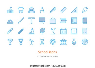 Set of vector School Education thin line icons. Blue color.