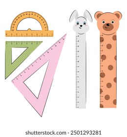 Set Vector School Rulers in cute cartoon style in white Background. Protractor, Triangle Ruler, Ruler