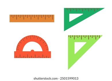 Conjunto de Reglas de escuela de Vector. Regla, Reglas triangulares, transportador. Suministro de arte de artesanía escolar. Estilo plano de la historieta.