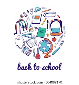 Set of vector school supplies. Cute hand drawn elements. Doodle sketches of backpacks, globe, pencil, pen, ruler, eraser, brush, protractor, pair of dividers, book, copybook. Back to school.