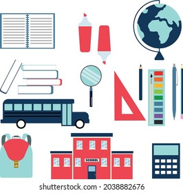 set vector with school supplies. flat image of lined school accessories.