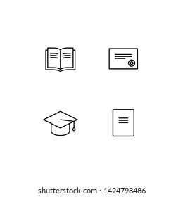 Set of vector school theme icons. Graduation collection of black pictogram certificate, magister hat, book isolated on white. Modern design elements for invitation, graduation